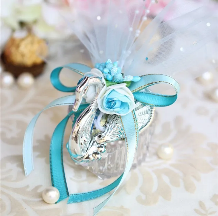light blue Высококачественный акриловый большой серебряный Лебедь Свадебная подарочная коробка для конфет вечерние сувениры - Цвет: light blue