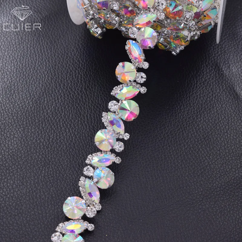 

CuiEr 1yard All Glass Crystal Cloths Rhinestone Trims Appliques for Wedding Dress Belt Sash AB Sew on patches HF-3413