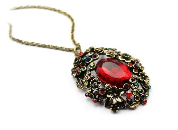 2013 хит продаж Винтажный Стиль Цветы Стразы большой красный камень Длинная