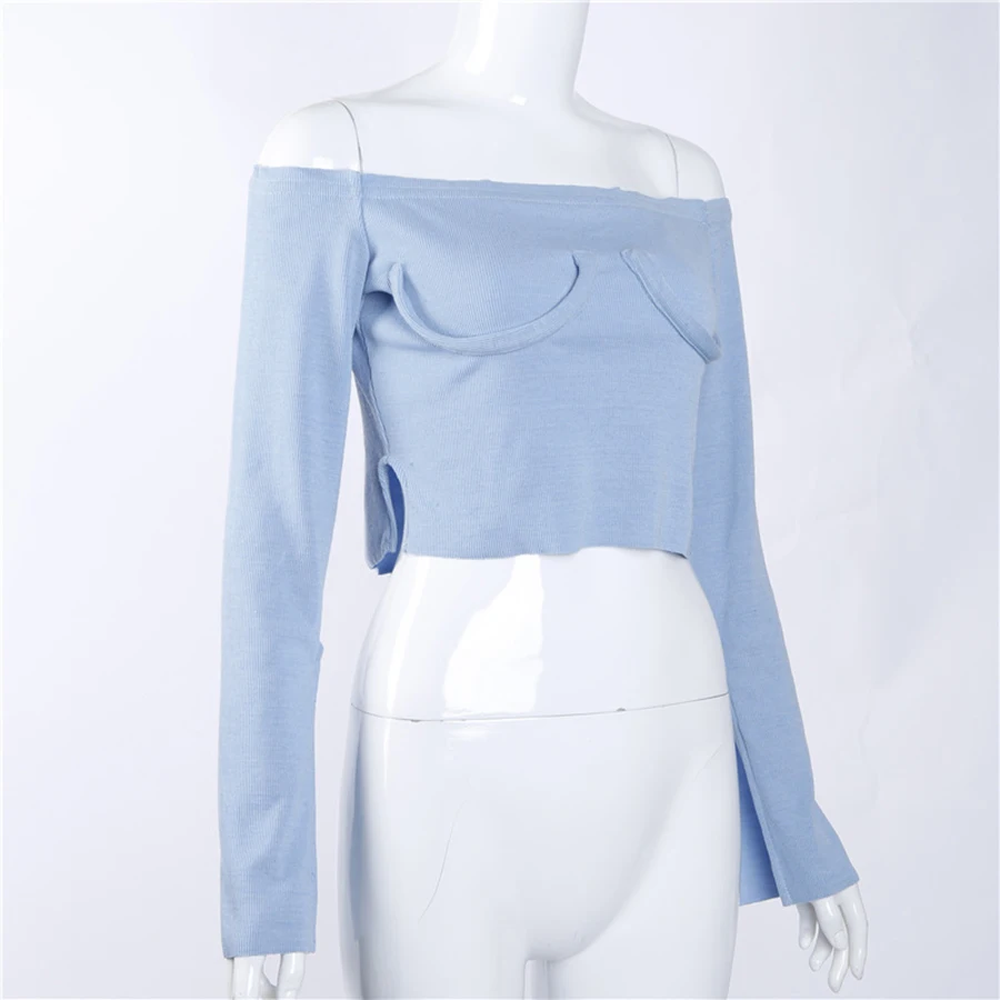 Разрез расклешенными рукавами с плеча блузка женщины светло голубой цвет Knit Crop