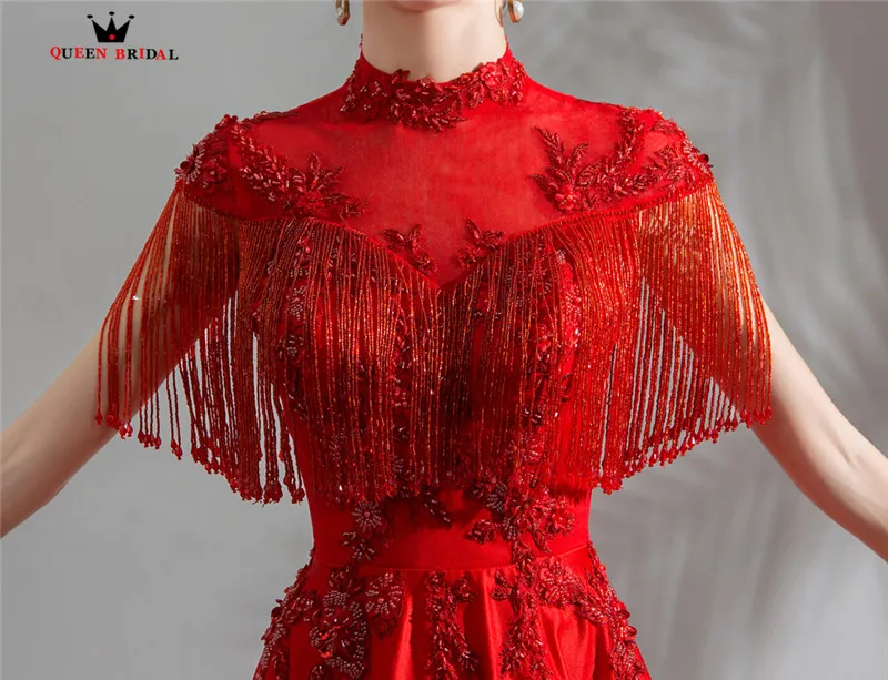 A-line High Neck Lace Beading Crystal Elegant Formal Red Evening Dresses 2018 New Arrival Gown Robe De Soiree JU59 | Свадьбы и