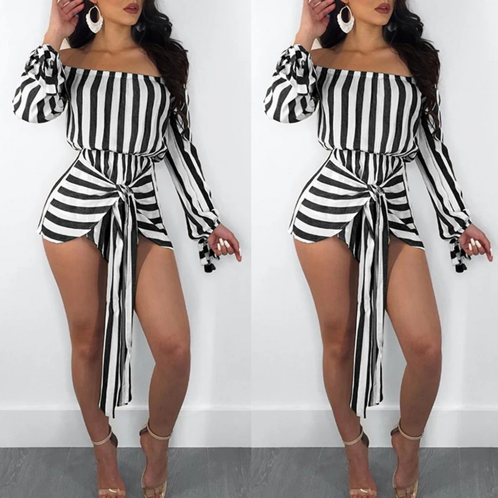 Summer New Sexy Women Ladies Long Sleeve Off Shoulder Striped Shorts Mini Playsuits Party Club Female Clothing | Женская одежда