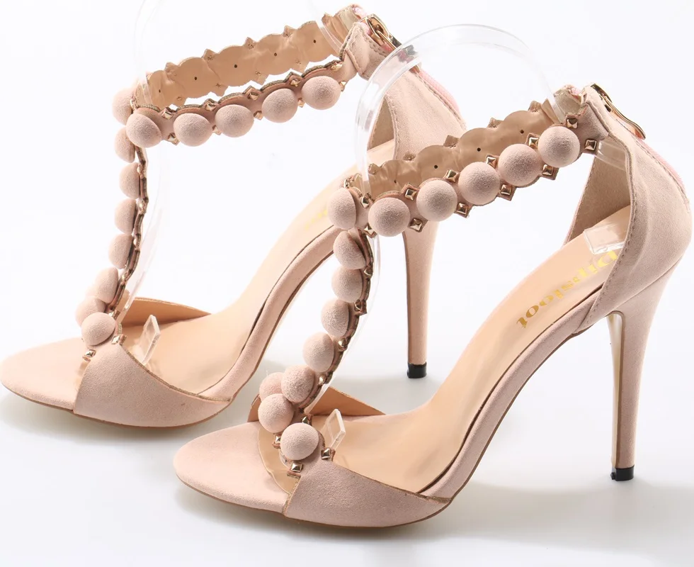 

Fashion Nude Pink Suede Leather Women Cute Button T-Strap High Heels Sexy Peep Toe Ladies Party High Heels Club Stiletto