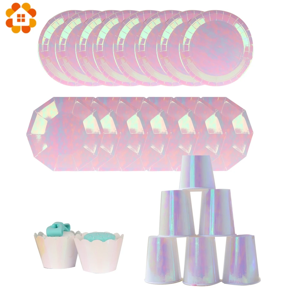 

1Set Pink/Silver Laser Disposable Tableware Sets Bling Paper Cupcake Wrapper Tableware For Wedding Decor Birthday Party Supplies