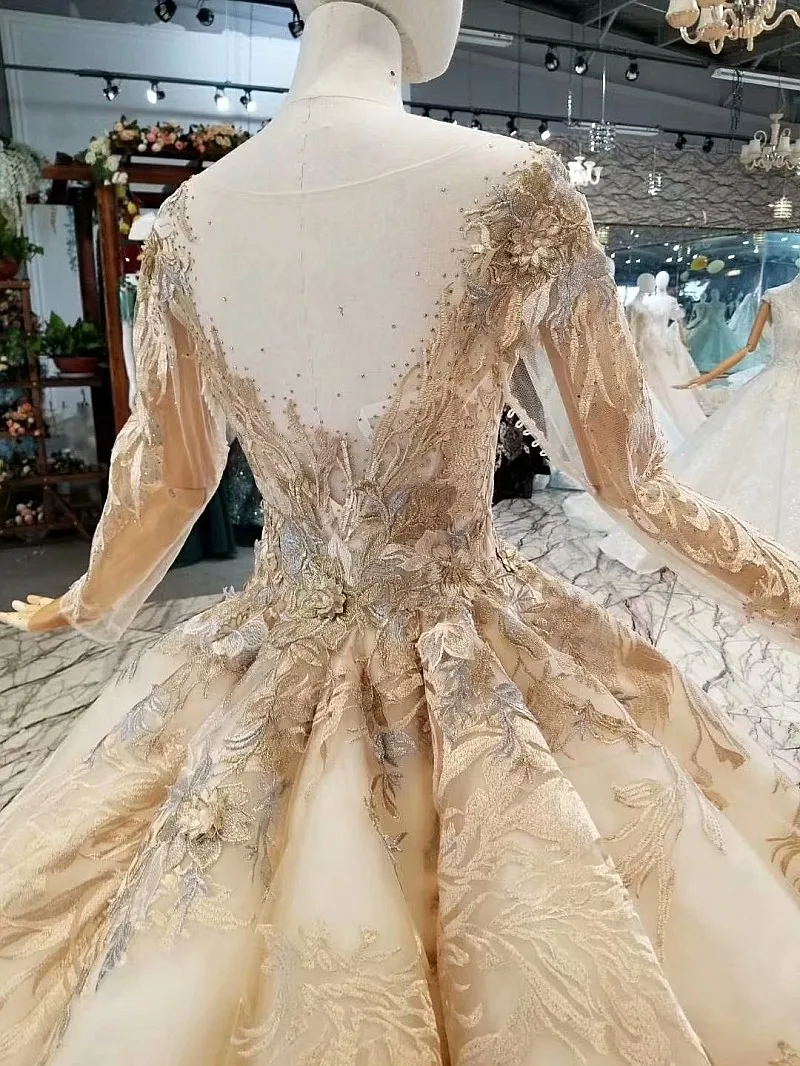 LS486321 шампинь бальное платье вечернее с длинными рукавами из тюля и круглым