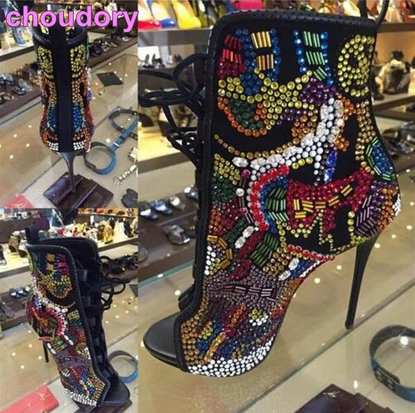 Хит продаж Женские разноцветные сапоги Цвет украшенные кристаллами ботильоны на