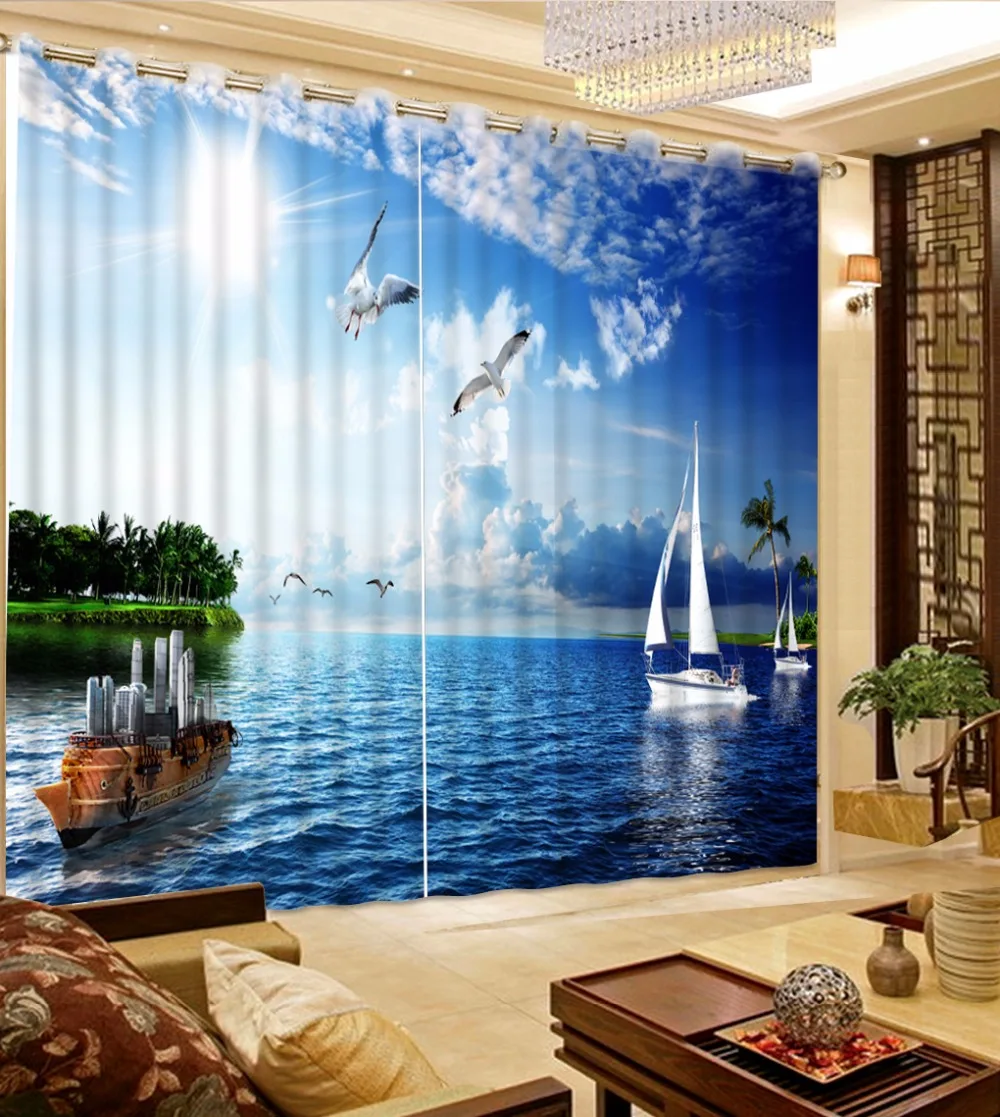 curtains 3d customize stereoscopic for living room Blue sky white clouds black out window | Дом и сад
