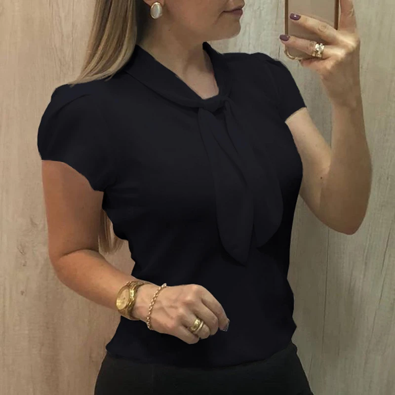 I2u Женская однотонная шифоновая летняя рубашка с галстуком-бабочкой и v-образным