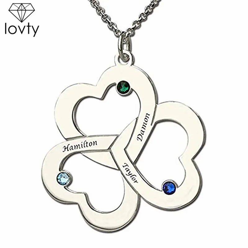 Посеребренный Lovty, тройное ожерелье с именем сердца, с серебряной гравировкой, камень рождения, мать, ожерелье, наши сердца вместе, любовь, материнские украшения - Окраска металла: Посеребренный