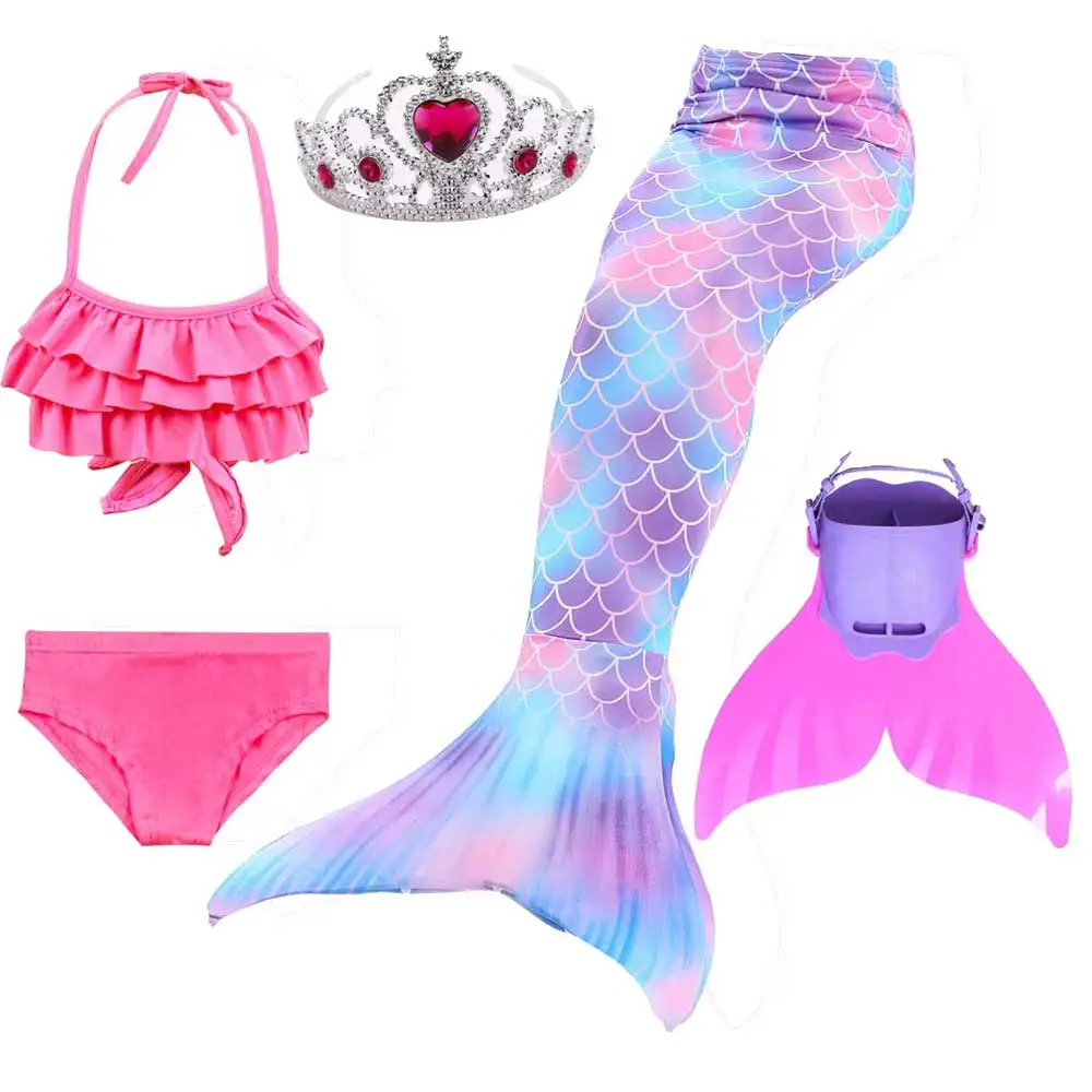 5pcs Mermaid Set 4 Купальный костюм-бикини для девочек с хвостом русалки для плавания; Детский костюм принцессы Ариэль; Блестящие купальники и ласты - Цвет: 5pcs Mermaid Set 4