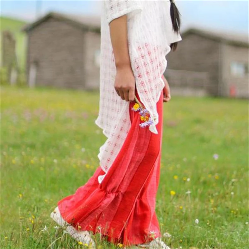 Хлопковые льняные женские брюки повседневные свободные большие размеры красная