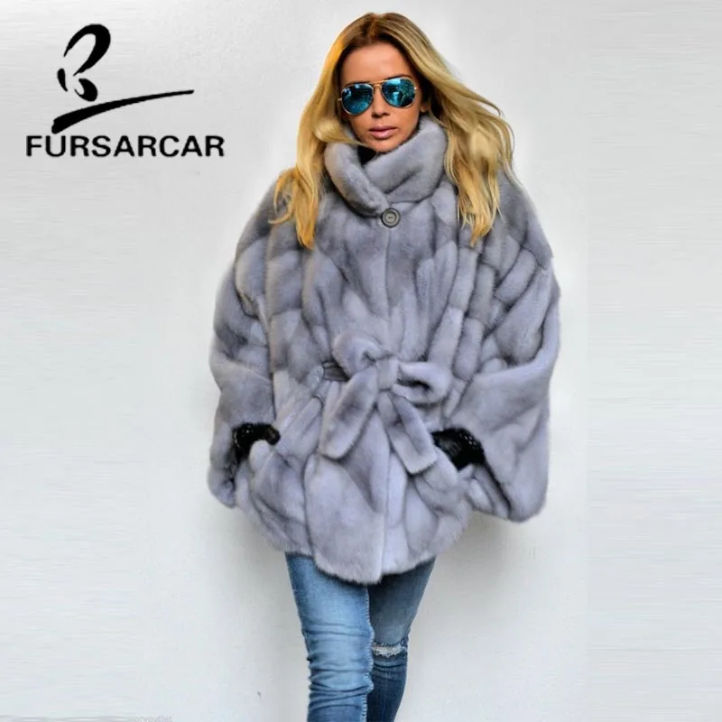 Женская Шуба с рукавами летучая мышь FURSARCAR новая стильная шуба из меха норки