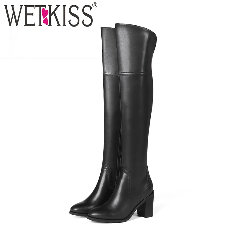 WETKISS/зимние женские сапоги из коровьей кожи; обувь на молнии с квадратным носком; женские сапоги на высоком каблуке; ботфорты; женская обувь; большие размеры 45