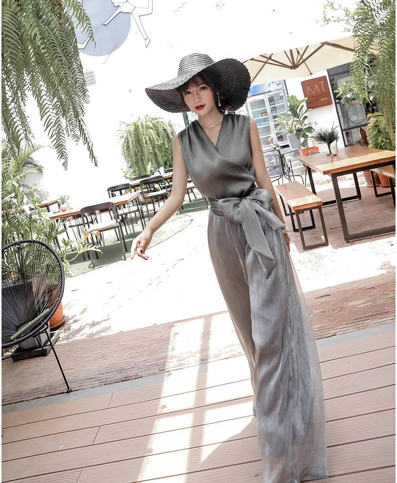 Супер Удобный шифоновый женский комбинезон модный тренд без рукавов с v образным