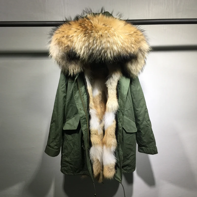 Женская парка с капюшоном зимняя куртка цвета хаки длинная большим меховым