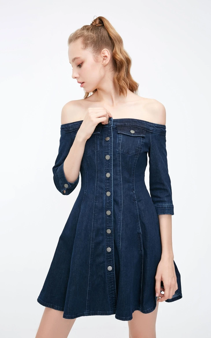 Vero Moda Новое Женское джинсовое платье с открытыми плечами и рукавами-3/4, приталенные вечерние платья | 318342502