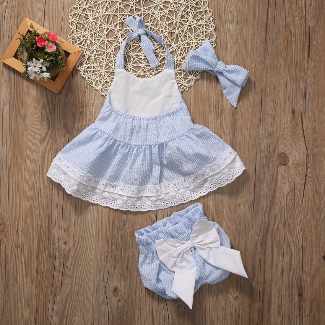 Кружевной укороченный топ в полоску для девочки + шорты с бантиком