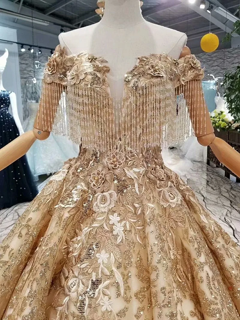 LS65885 Роскошные Дубай вечернее платье с открытыми плечами Милая Золотой кружево