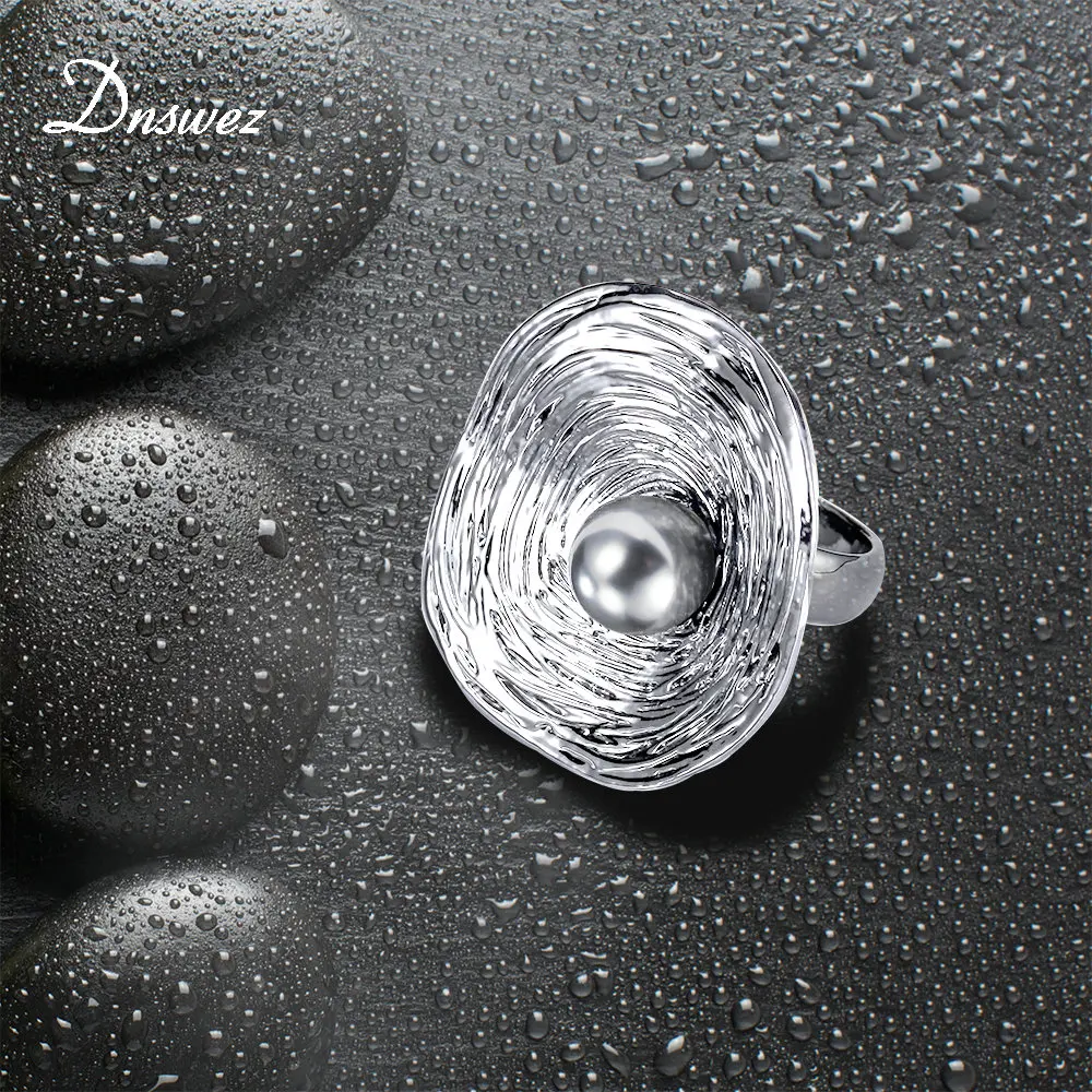 Dnswez Big Round Ring for Women Retro Silver Color with Black Pearl Decoration Geometric Gift Jewelry Bijouterie R1990 | Украшения и