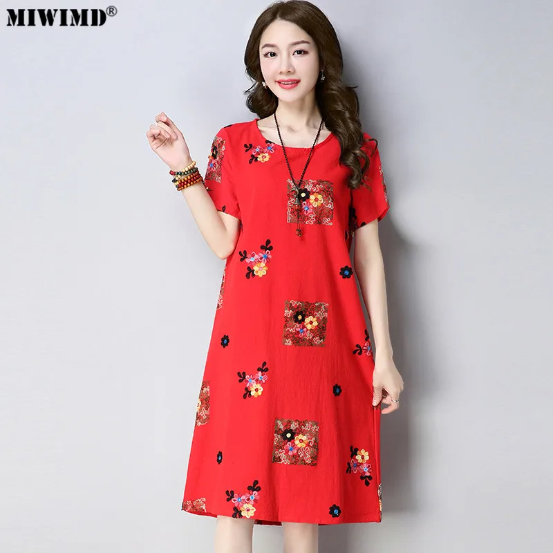 Miwimdwomen летние платья 2018 Новая мода Винтаж свободные вышитые короткий рукав