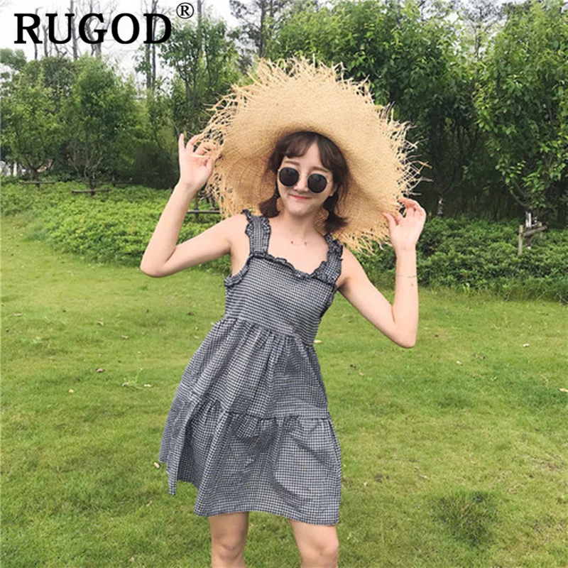 RUGOD 2019 клетчатое свободное женское платье на бретелях летняя с высокой талией