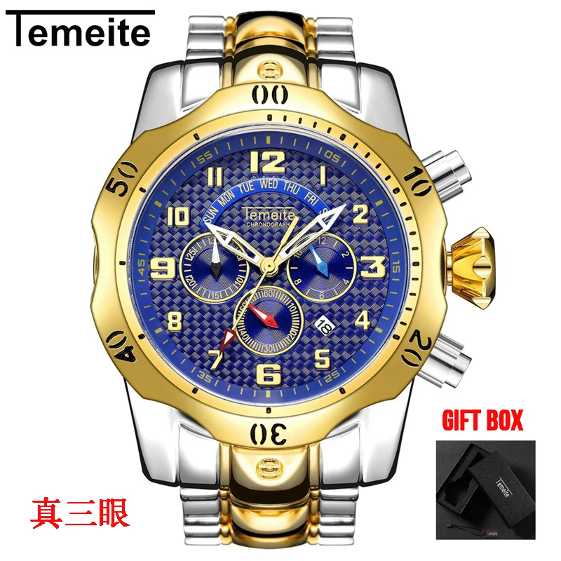 Temeite 5 with box Мужские часы Temeite Топ бренд класса люкс дизайн золотые кварцевые часы мужские спортивные водонепроницаемые мужские наручные часы Relogio Dourado Masculino - Цвет: Temeite 5 with box