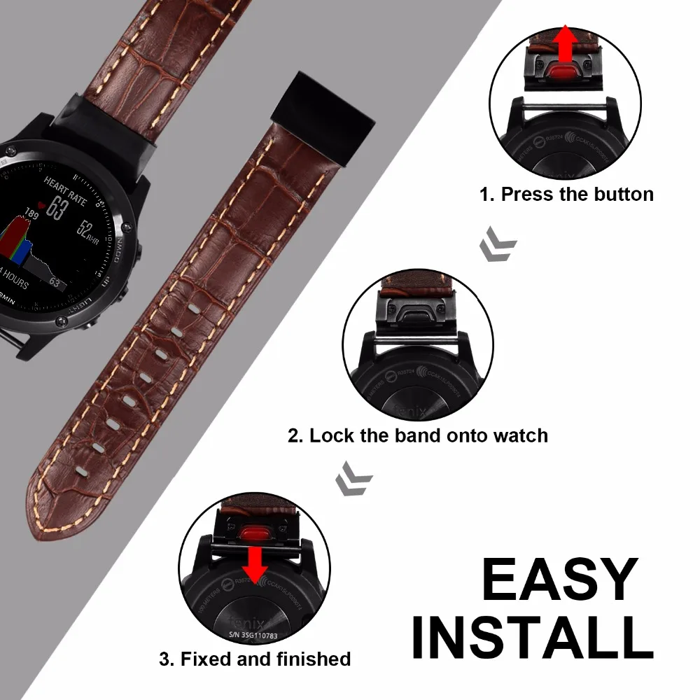 Ремешок для часов из натуральной кожи 26 мм Garmin Fenix 5X/5X Plus/3/3 HR/D2/Descent MK1|Ремешки