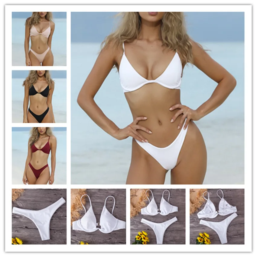 

Women's Swimwear Sexy Push High Solid Color Bikini Set Swimwear Beachwear Summer Brazilian Bikini Thong 2019 new