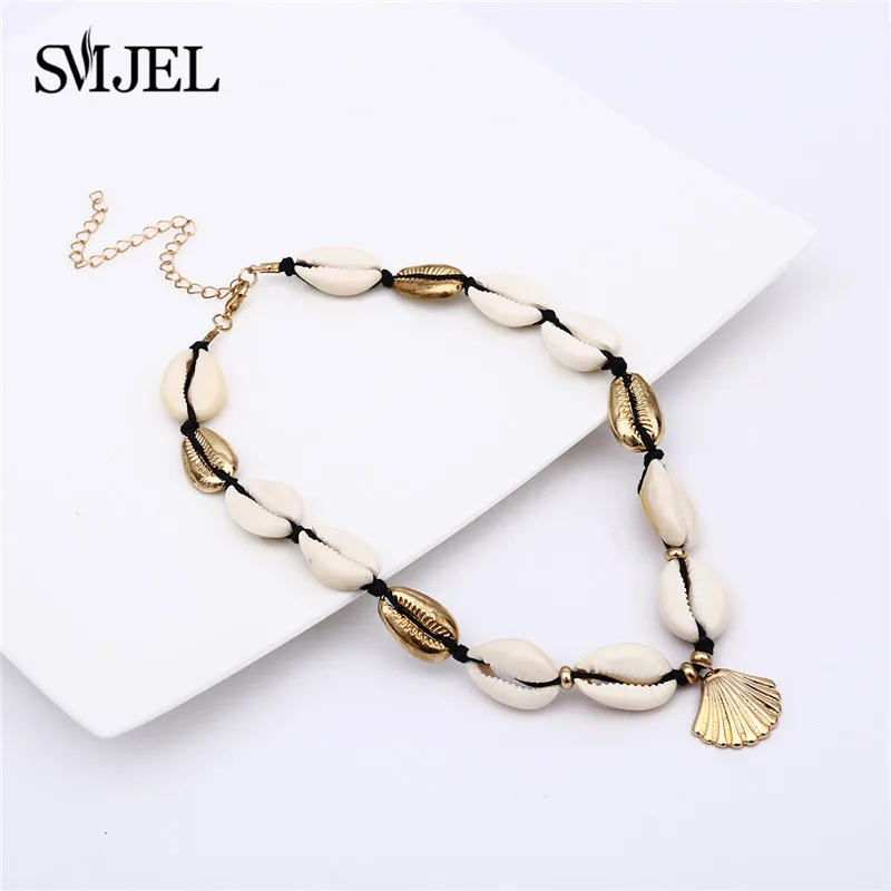SMJEL Boho Seashell колье для женщин в виде раковины, колье, раковины, раковины, зеленый камень, бисер, Золотая цепочка, ожерелье, ювелирное изделие, бижутерия