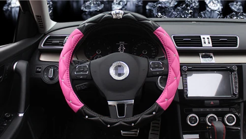 SWC003 Black P 38cm Красота Корона Алмазная блестящая кожа авто чехлы рулевого колеса автомобиля 36 см 38 см женские розовые черные автомобильные аксессуары для девочек - Название цвета: SWC003 Black P 38cm