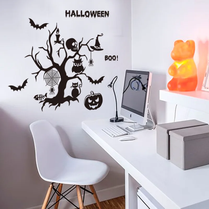 Счастливый Хэллоуин привидениями дома наклейки на стену паук Скелет Тыква Кот