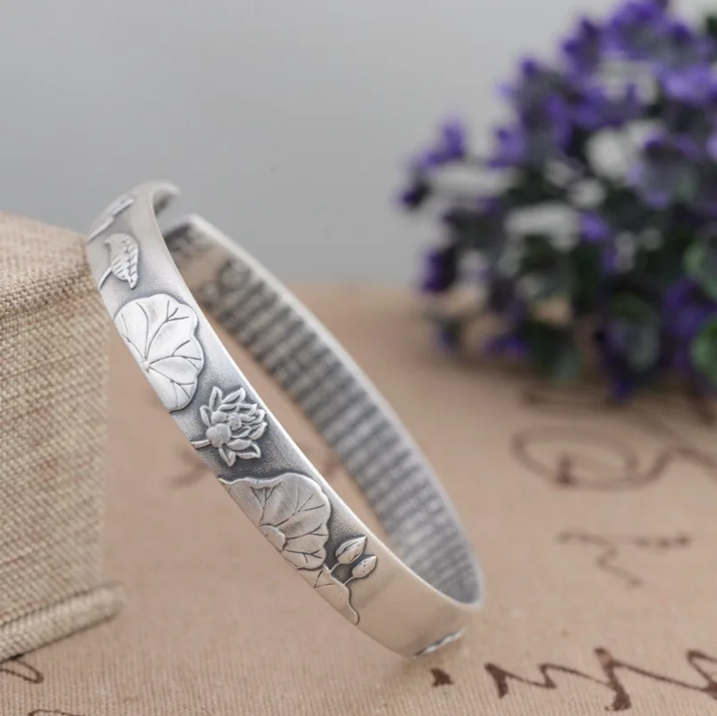 Тибет Лотос браслет с символом сутры ручной работы Винтаж 999 стерлингового