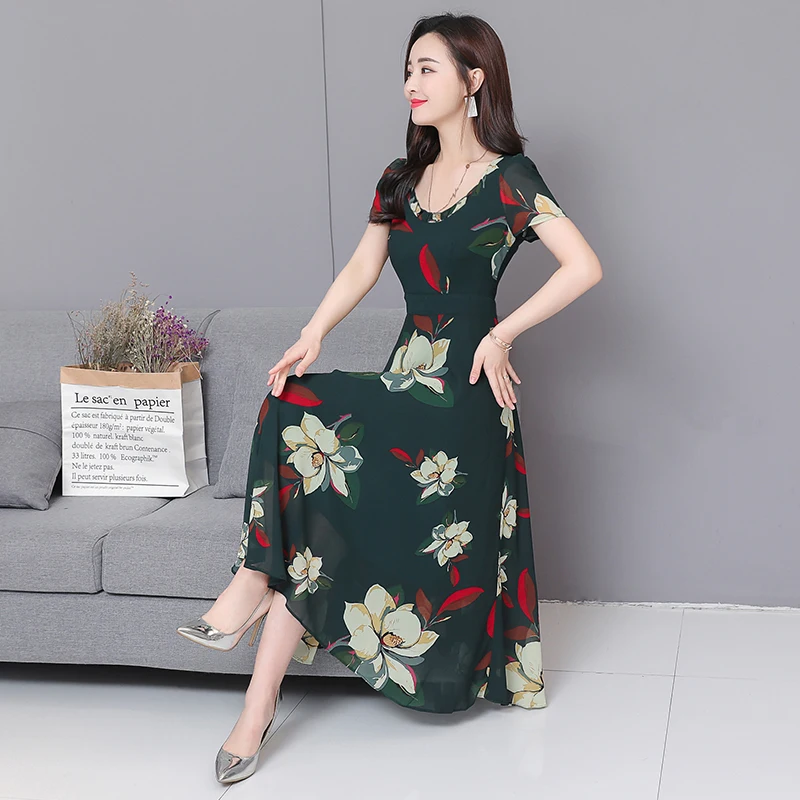 2019 Summer New Arrival High Quality S-3XL Bohemian V Collar Flower Printed Woman Long Chiffon Dress | Женская одежда