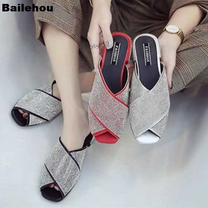 Bailehou/женские Тапочки низкий каблук со стразами шлепанцы на платформе сандалии
