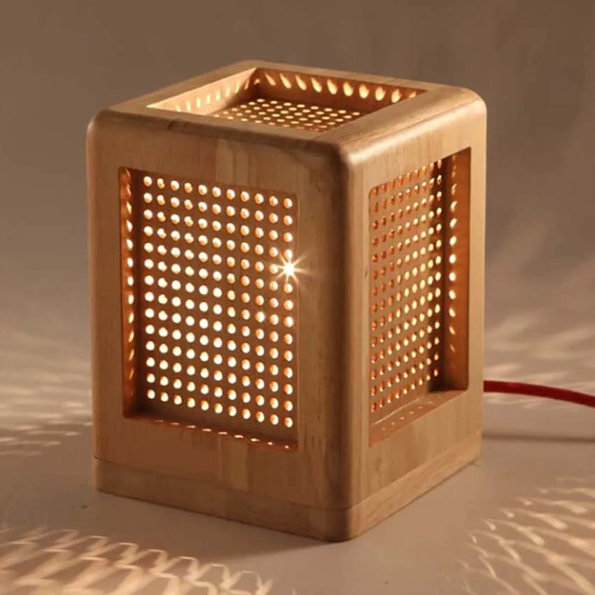 

Modern solid wood square shape antique table lamp wooden lampshade E27 vintage bedside lamp for study room bedroom light fixture