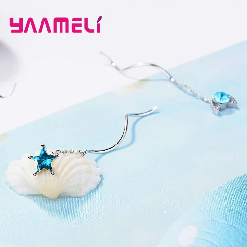 925 Sterling Silver Dangle Earring For Women Shiny Blue Star Top Quality Jewelry AAA+ Cubic Zirconia Wedding Present | Украшения и