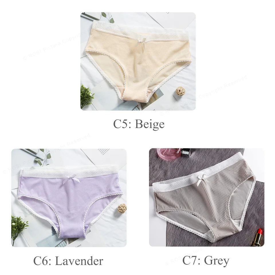 Beige Lavender Grey Однотонное сексуальное женское нижнее белье в сетку с низкой талией, женские бесшовные хлопковые трусики бикини, кружевное нижнее белье, женские трусы 3 шт. ROSI - Цвет: Beige Lavender Grey