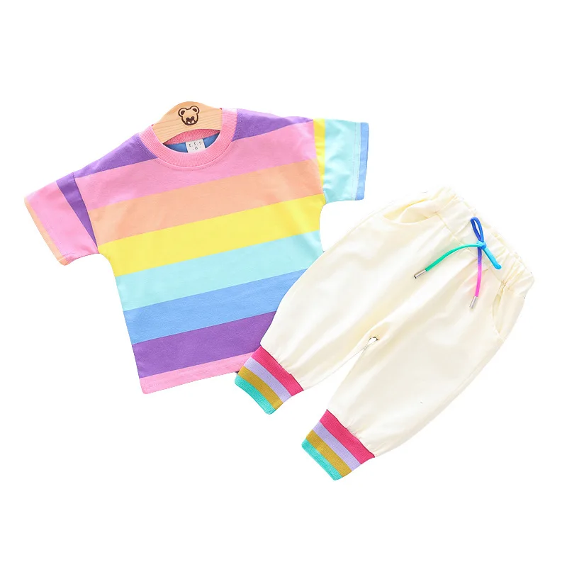 

New Summer Children Clothing Sets Baby Color Rainbow Stripe Two-piece Boys Girls Clothes Sets