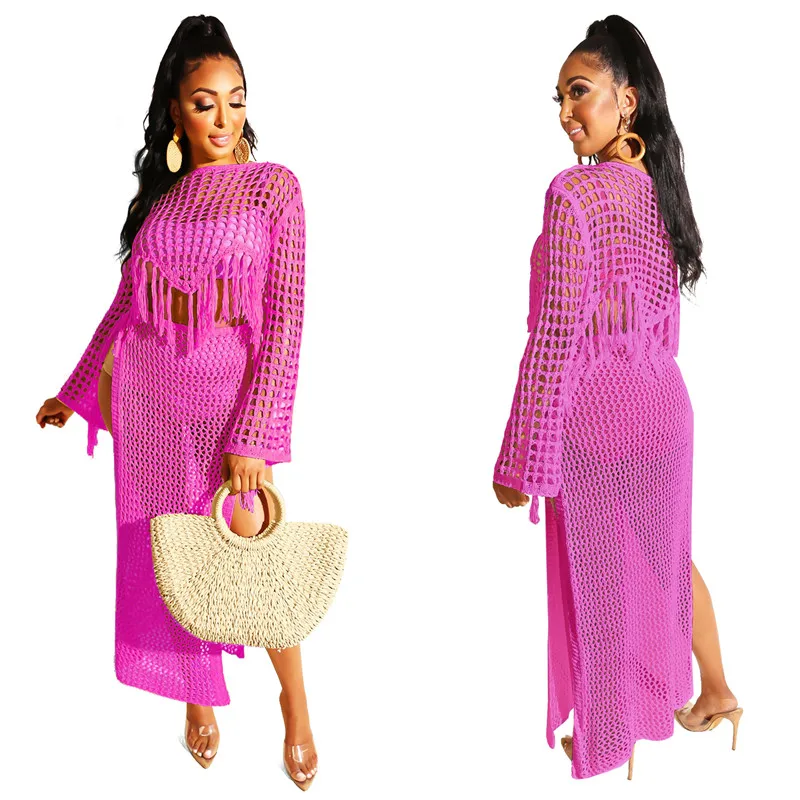 Сексуальное вязаное крючком Пляжное Платье макси с длинным рукавом женское