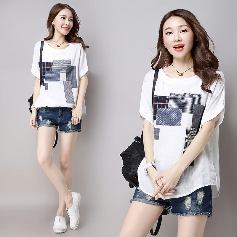Свободная хлопковая футболка с коротким рукавом в Корейском стиле заплатками
