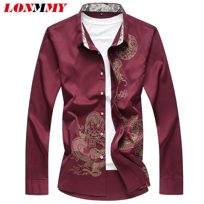 LONMMY 5XL 6XL 7XL Гавайские мужские рубашки с рисунком дракона длинными рукавами