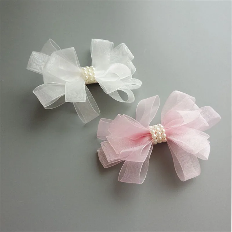 

10pcs/lot Butterfly Tie Hairpins Bow Knot Gauze Hair Clip Fabric Side Hair Grips Cute White Barrettes with Pearls Graceful Pinch