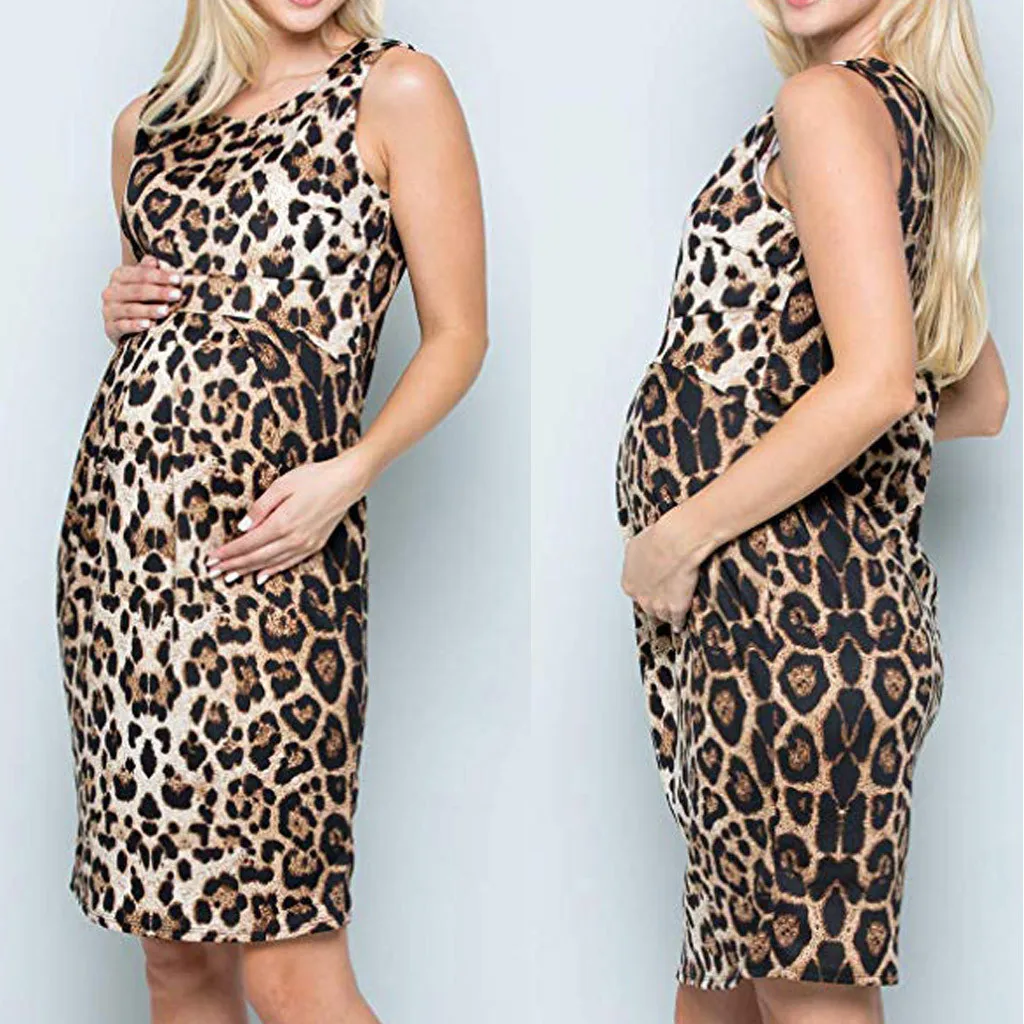 Женское платье без рукавов с леопардовым принтом для беременных летнее Прямая