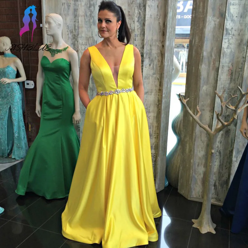 

Classic Yellow Aline Evening Dress Long Deep V-Neck Stain Waist Crystals Zipper Back Vestido De Festa
