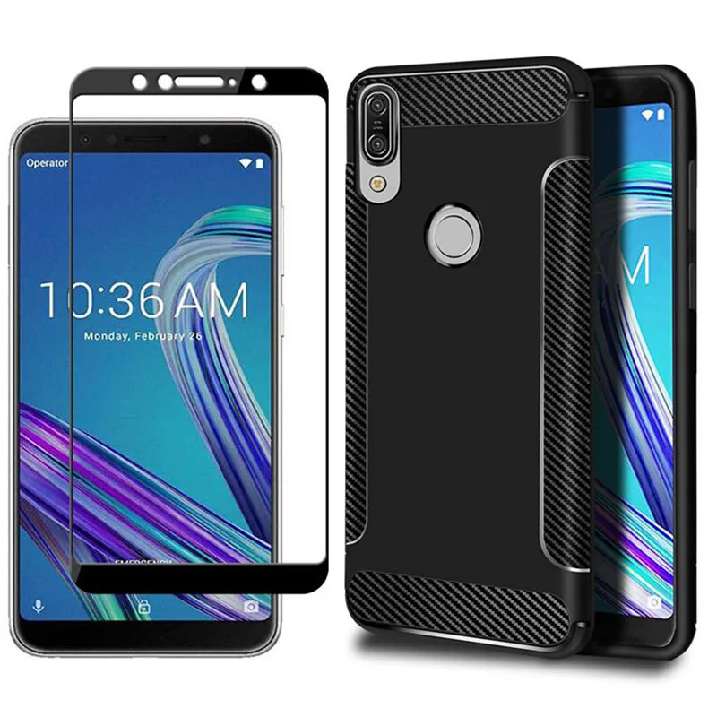 Мягкий чехол из углеродного ТПУ для Asus Zenfone Max Pro M1 силиконовый + Защитное стекло