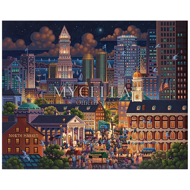 Мультяшная 5D DIY алмазная живопись Бостон Рынок город искусство с украшением в