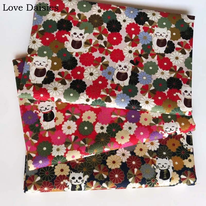 

100% combed cotton bronzed Japanese style BEIGE RED NAVY flower floral lucky cat fabrics for DIY handwork craft quilting decor