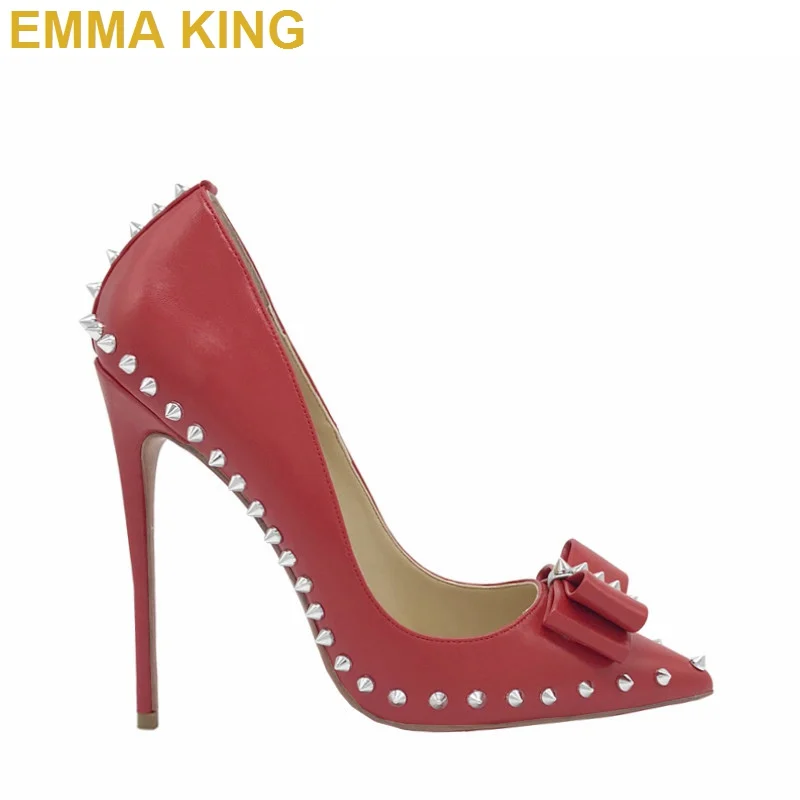 

Rivets Studded Red Pumps Pointy Toe Bow Decor Women High Heels Shoes 10CM 12CM Ladies Sexy Stiletto Heels Party Shoes Woman