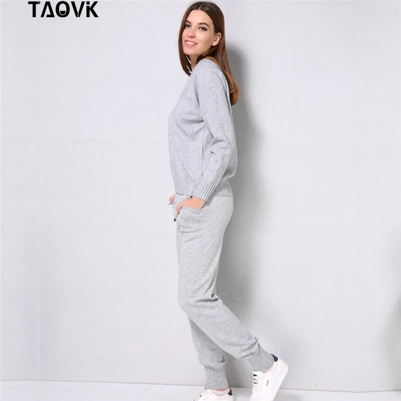 TAOVK, мягкий зимний Трикотажный костюм, женские комплекты, уличная одежда, свитера с v-образным вырезом, эластичные штаны, комплект из двух предметов, комплект из 2 предметов, домашний костюм