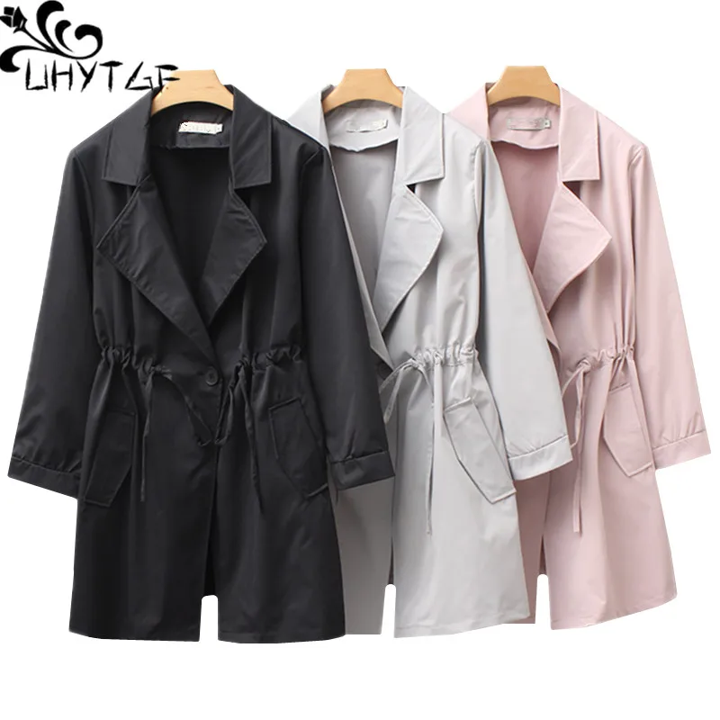 

UHYTGF Womens casual coats fashion lapel Lace-up slim spring trench coat for women Loose plus size outerwear casaco feminino 537